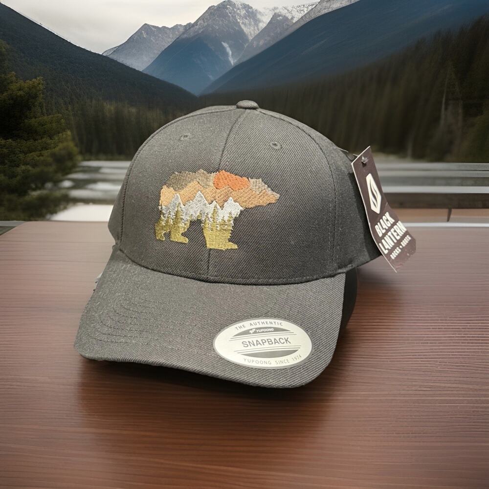 Black Lantern SnapBack Hat Mountain Pattern Bear Embroidered New W/Tags